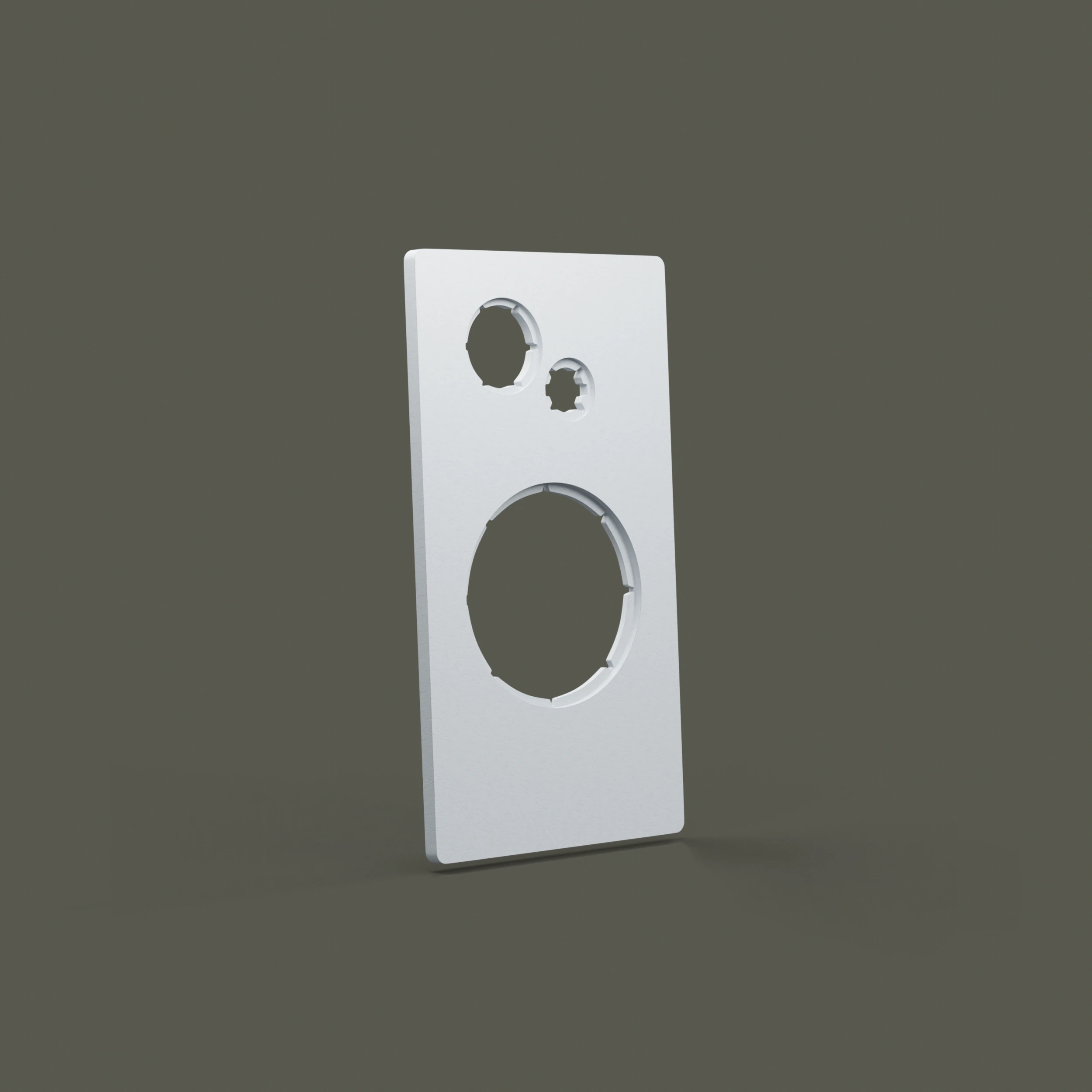 White rectangular baffle panel with three circular cutouts of different sizes on a gray background.