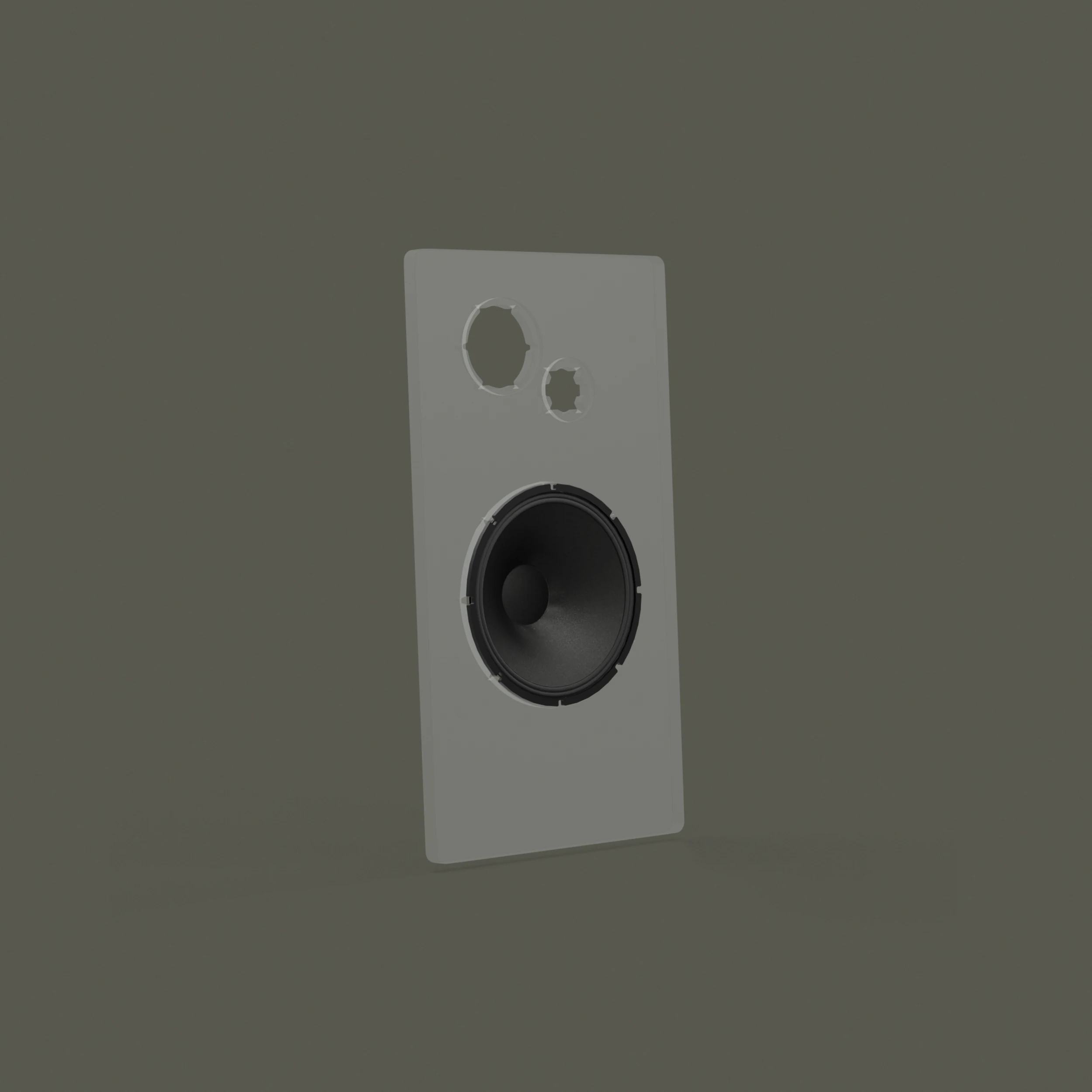 Gray speaker panel with one large black speaker cone installed and two empty circular mounting holes above it against a dark gray background.