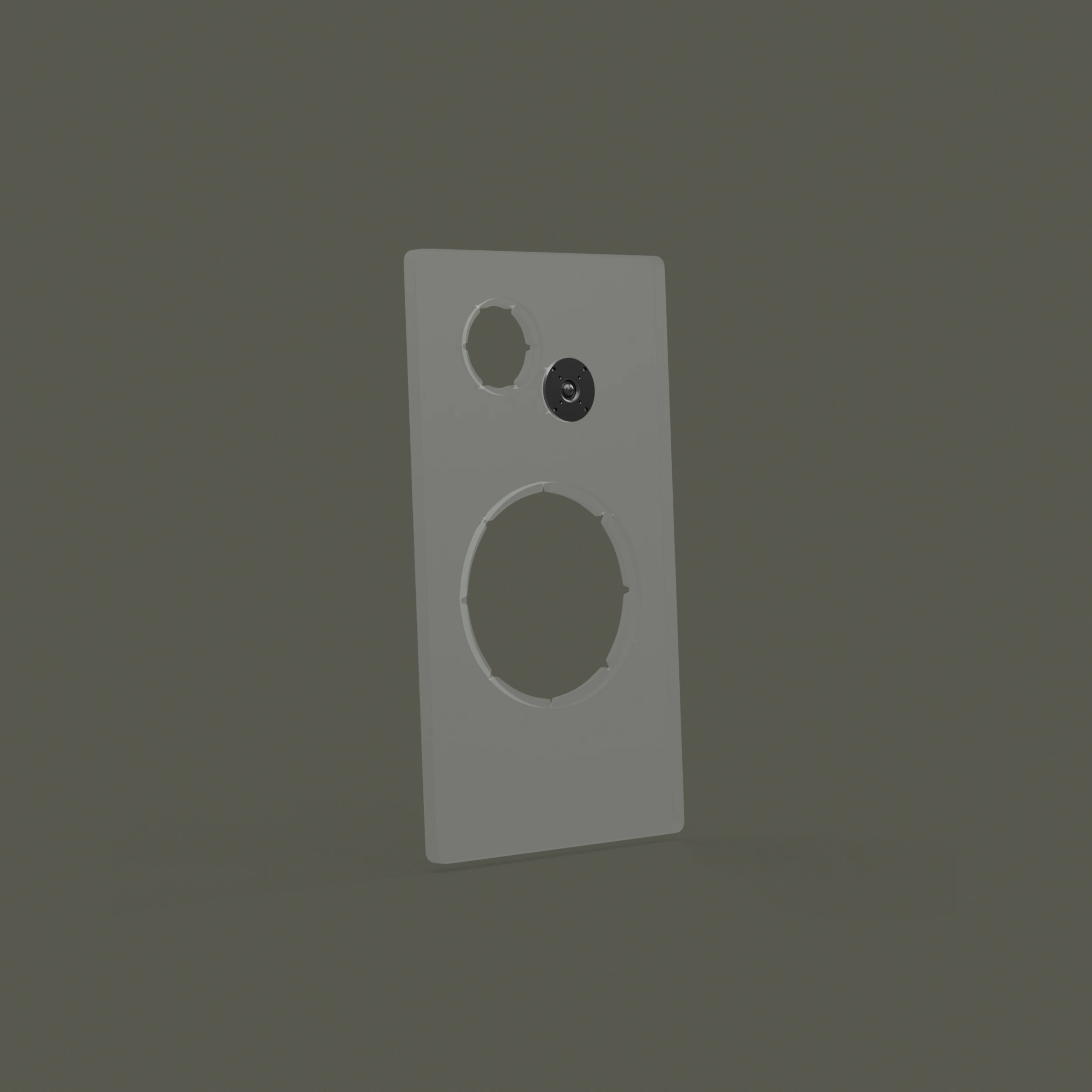 Gray rectangular panel with three circular cutouts, one of which contains a small black speaker driver.