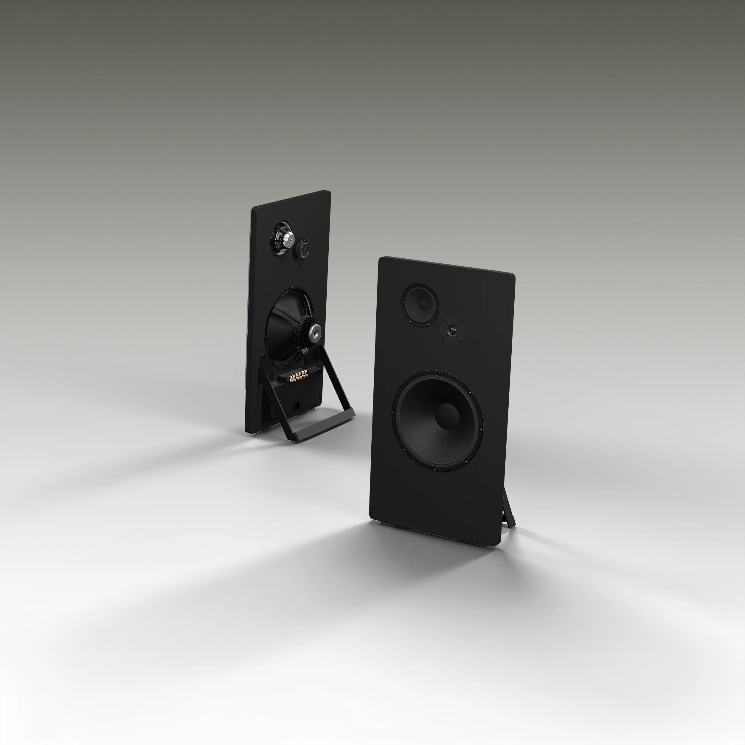 Two sleek black standing speakers with three drivers each, positioned on a smooth gradient background.