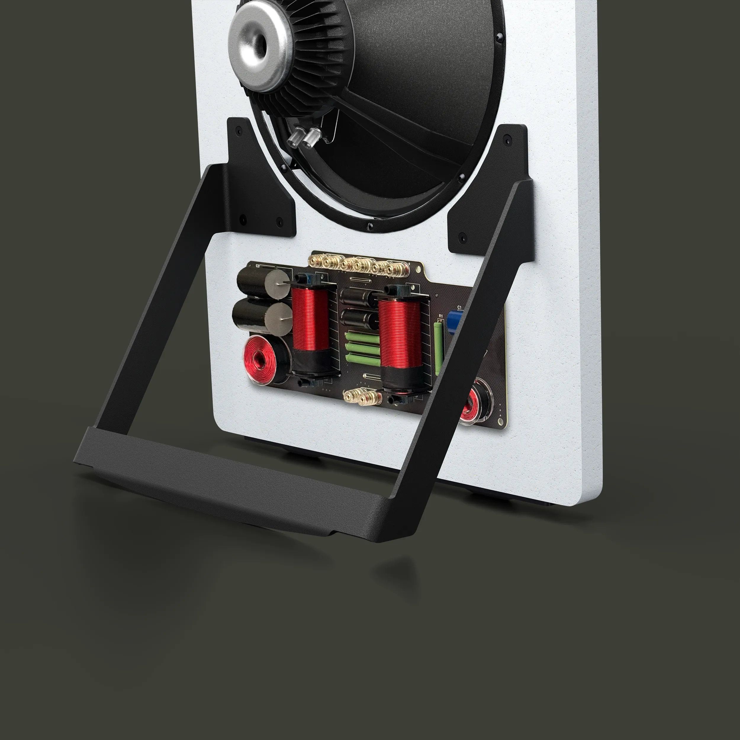 Back panel of a speaker with exposed crossover components including coils and capacitors mounted on a circuit board.