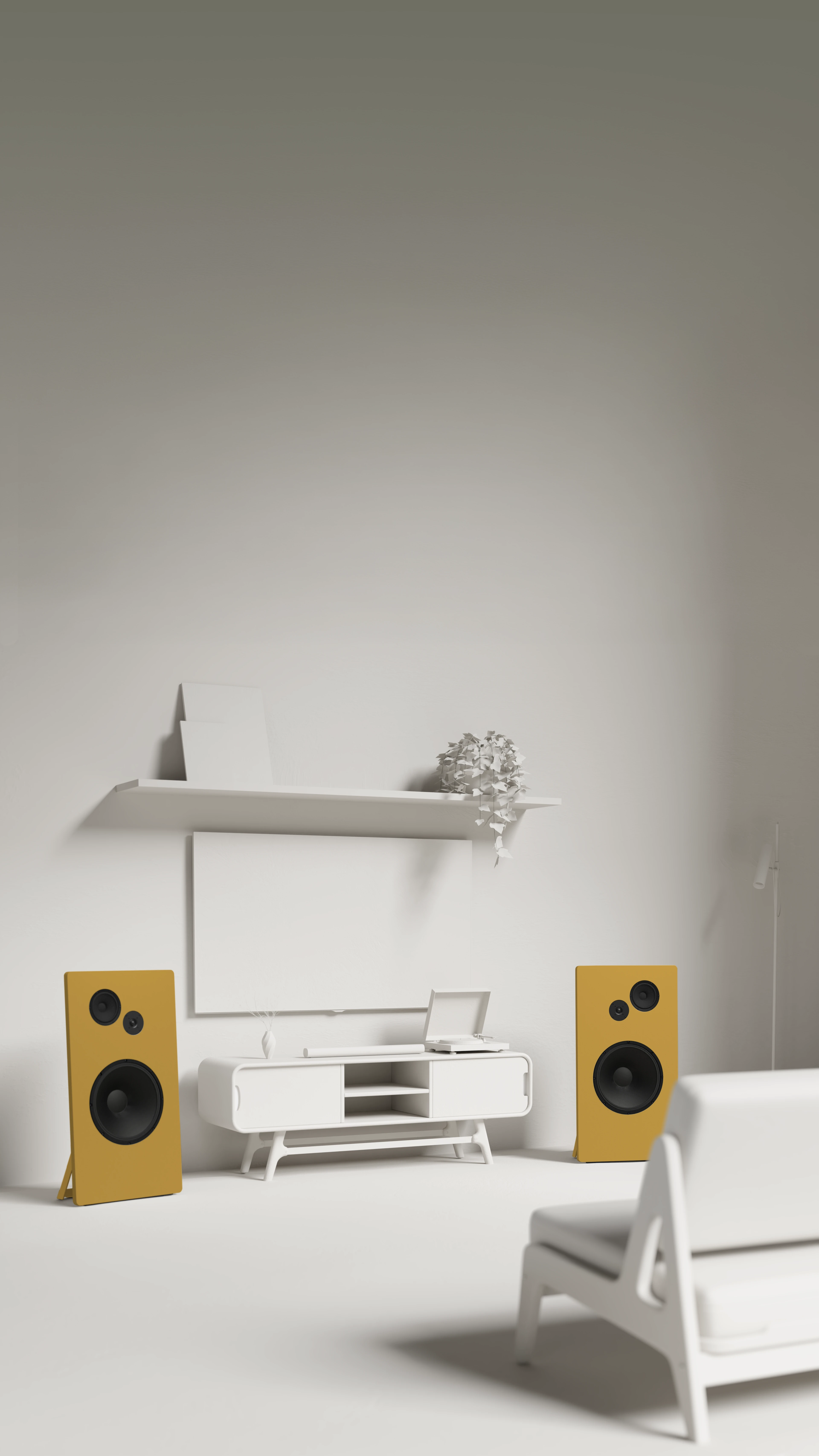 Minimalist white living room with a white chair, a white media console, two ochre floor speakers, a white shelf, and a white potted plant.