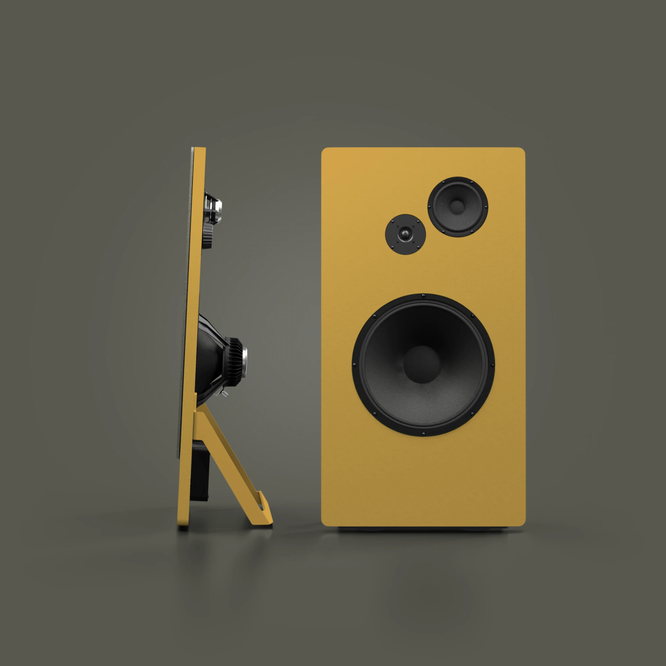 Pair of modern ochre-colored speakers with visible front and side views on gray background.