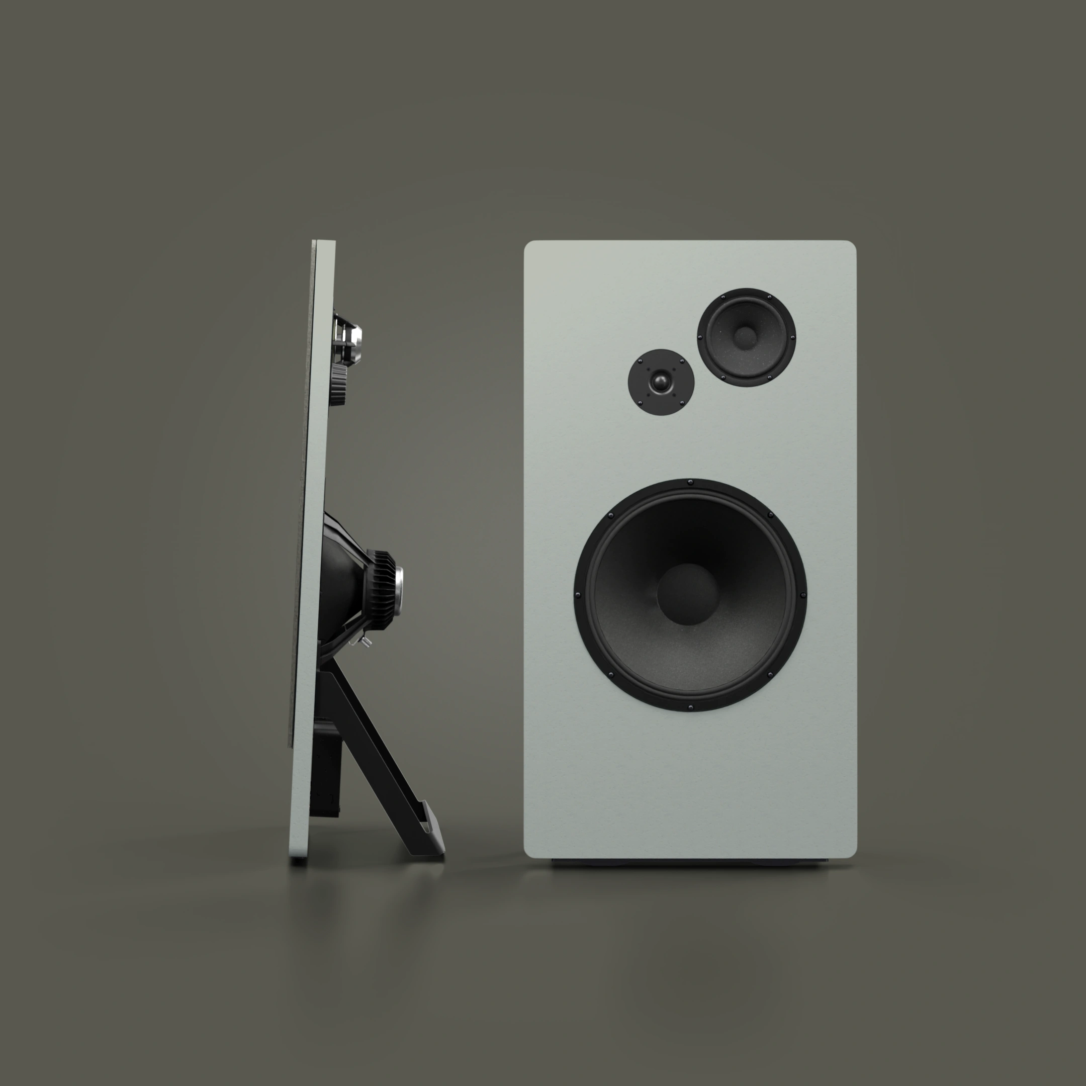 Modern rectangular speaker with three circular drivers in front and a side view showing speaker components.