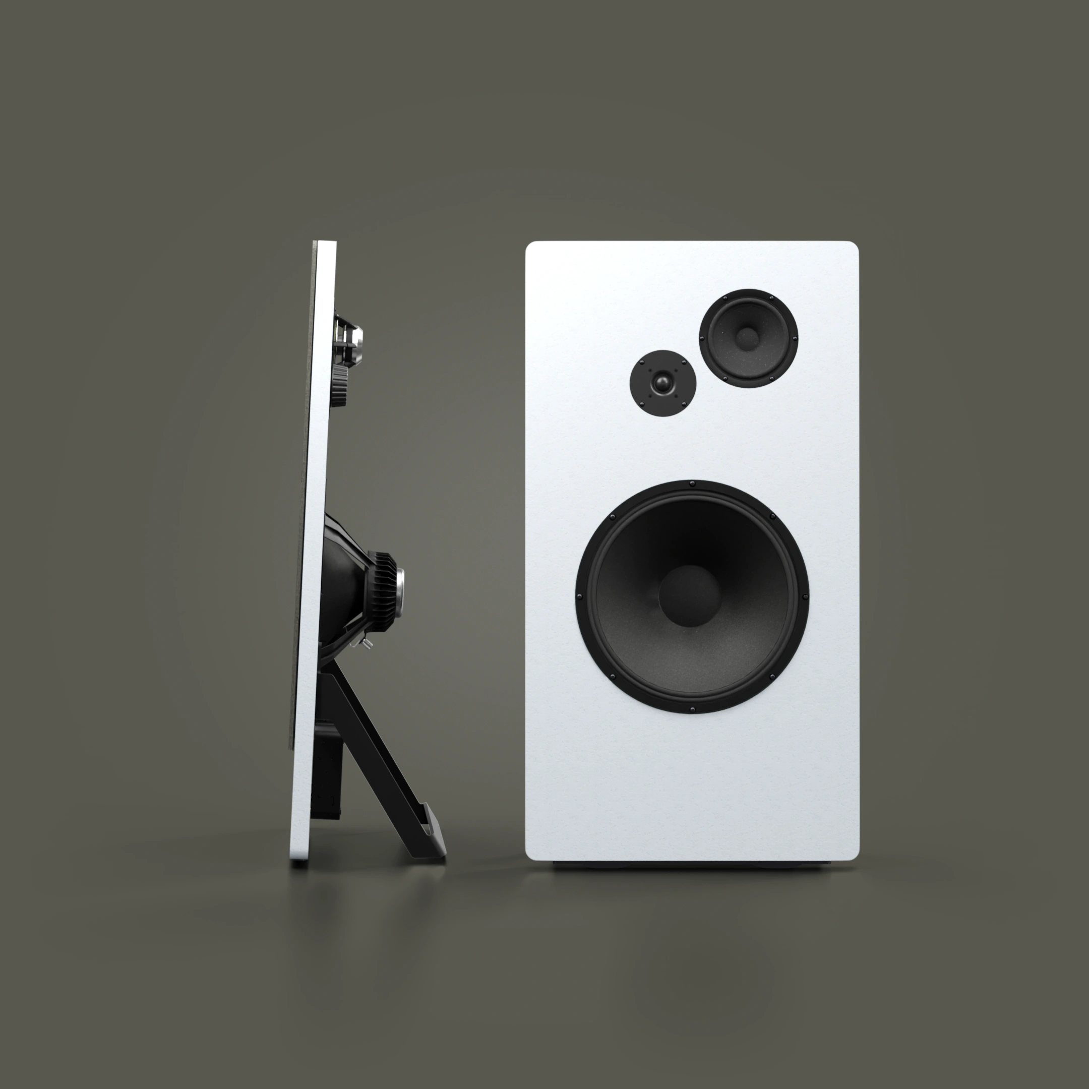 White rectangular speaker with three black speaker cones shown from front and side.