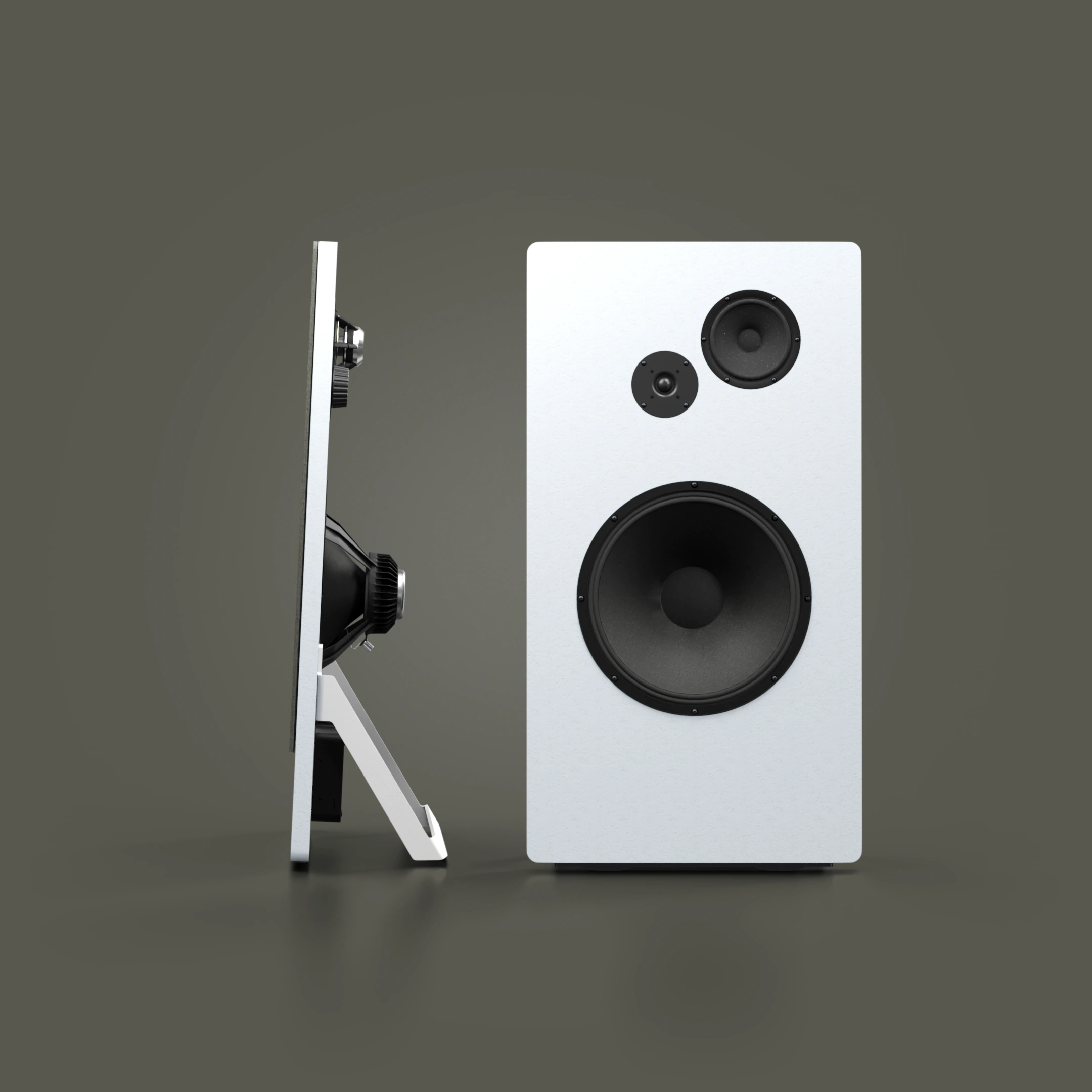 White rectangular speaker with three black speaker drivers, shown front and side views on a gray background.