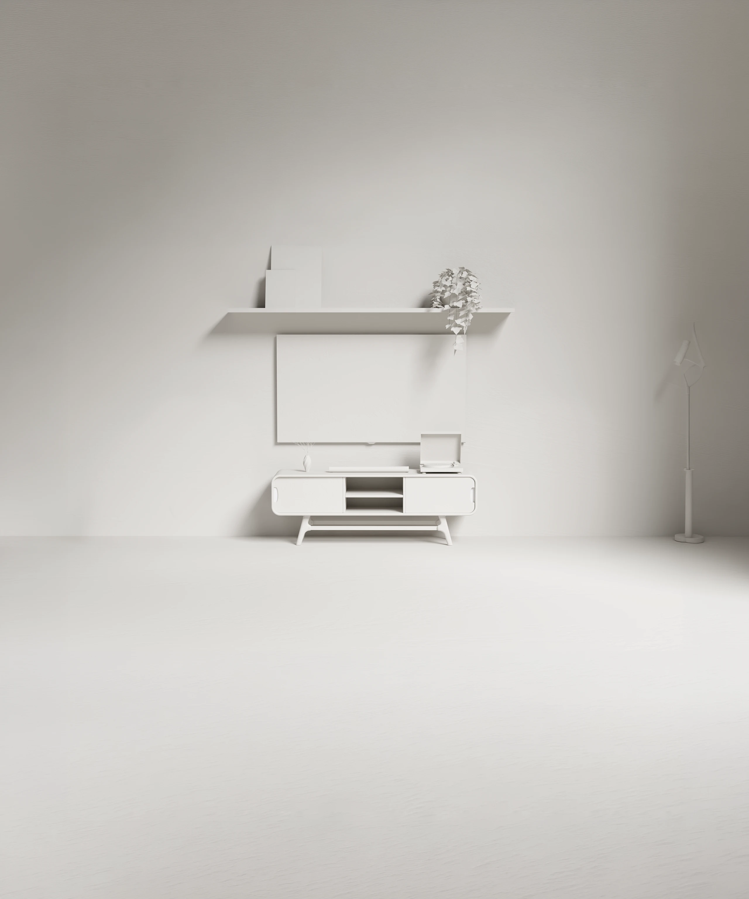 Minimalist monochrome beige living room with a mounted TV, floating shelf with decor, low cabinet, and floor lamp.